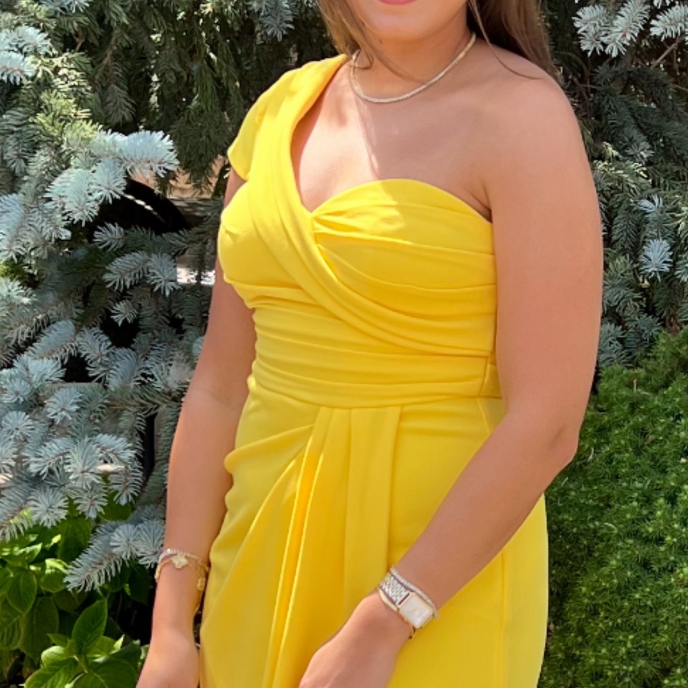 Melanie Lynn Yellow Ballgown one shoulder floor length dress
